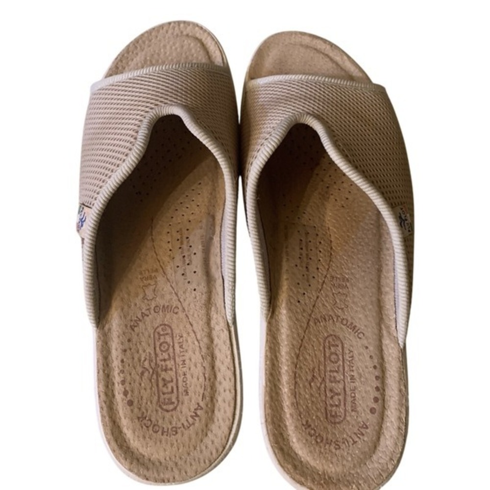 Fly Flot Ladies Size 40 US 9 Tan Fabric Mules Casual Rubber Comfort Slides Italy - Picture 10 of 12